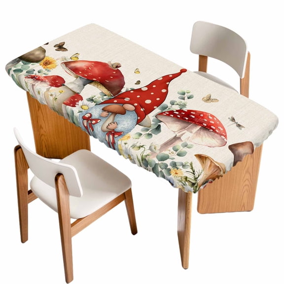 Red Mushroom Gnomes Table Cloths for 6 Foot Rectangle Tables, Eucalyptus Leaves Watercolor Rustic Patio Waterproof Elastic Fitted Tablecloths, Washable Rectangular Table Cover for Camping