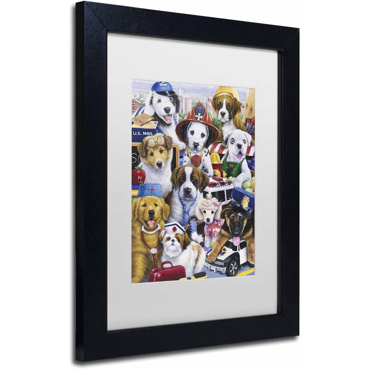 Trademark Fine Art 'Working Puppies' Canvas Art by Jenny Newland, White Matte, Black Frame