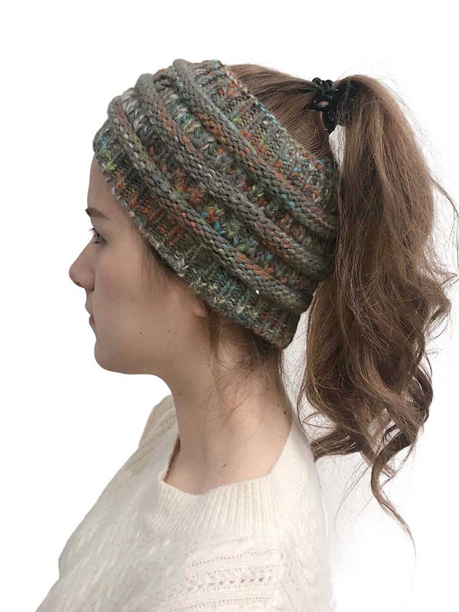 1×Women Stretch Winter Knit Headband Ponytail Beret Hats Beanie Crochet Ski Caps 