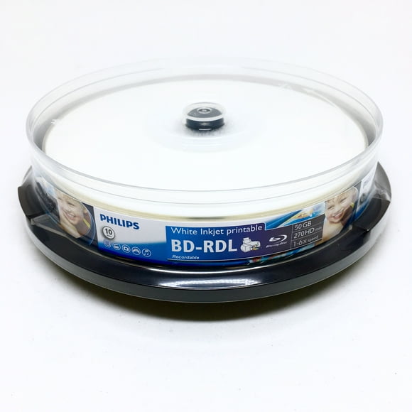 PHILIPS BD-R50GB 6X Blanc Hub Jet d'Encre Imprimable, Pas d'Empilement de Surface Disque BLU-RAY Enregistrable 10PACK Boîte à Gâteaux