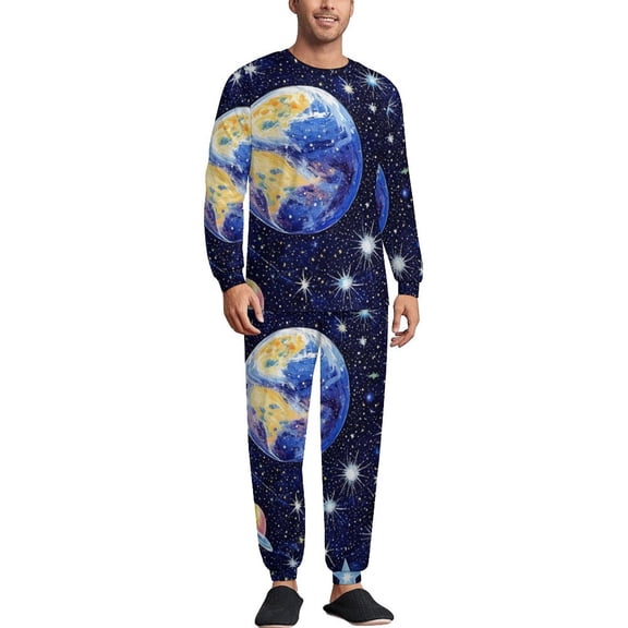 Star Around Planet Men's Pajama Set Sleepwear Pjs Lightweight Long Sleeve Crewneck Shirts and Bottoms Soft Comfy Sleep Sets XS