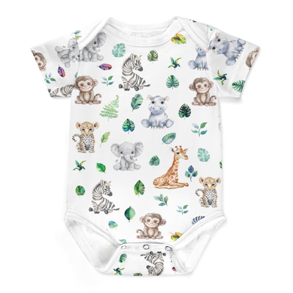 Watercolor Safari Animals Bodysuit for Girl Boy Elephant Zebra Leopard Monkey Giraffe Hippo Tropical Leaves Newborn Infant Romper Onesie Outfit