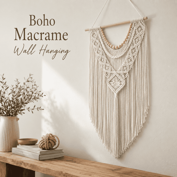 MORAVE 31.5"L x 17"W Wood Bead-A Macrame Wall Hanging, Handmade Bohemian Cotton Woven Tapestry, Decorative Wall Art for Bedroom Apartment