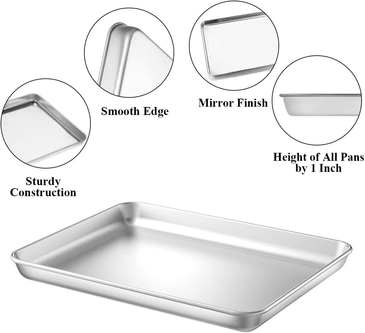 10 Inch Baking Pan with Rack set of 4, Stainless Steel Small Toaster Oven Tray Pans with Cooling Racks, Non-toxic & Heavy Duty, Extra Thick & Rolled Rim, Mirror Finished & Dishwasher Safe