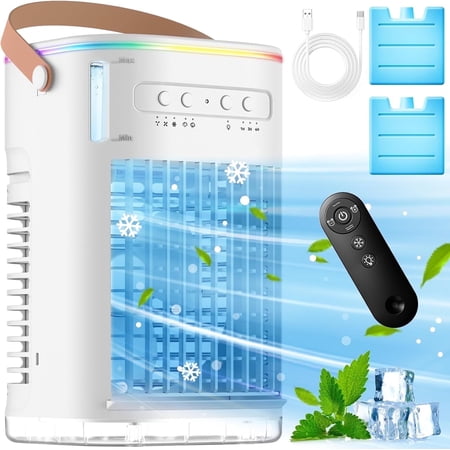 4in1 Small Air Cooler, 16.5ft Remote, 1200ml Tank, 7h Timer, 3 Speed & Cool Mist, 7-Color Light for Bedroom, Covers up to 100 Sq.ft, White