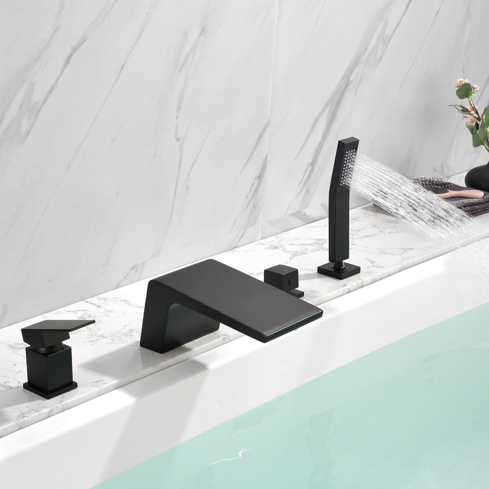Cobbe Single Handle 4-Hole Mount Bathtub Faucet Set with 4.72-Inch Wide Waterfall Spout and Handheld Shower Matte Black