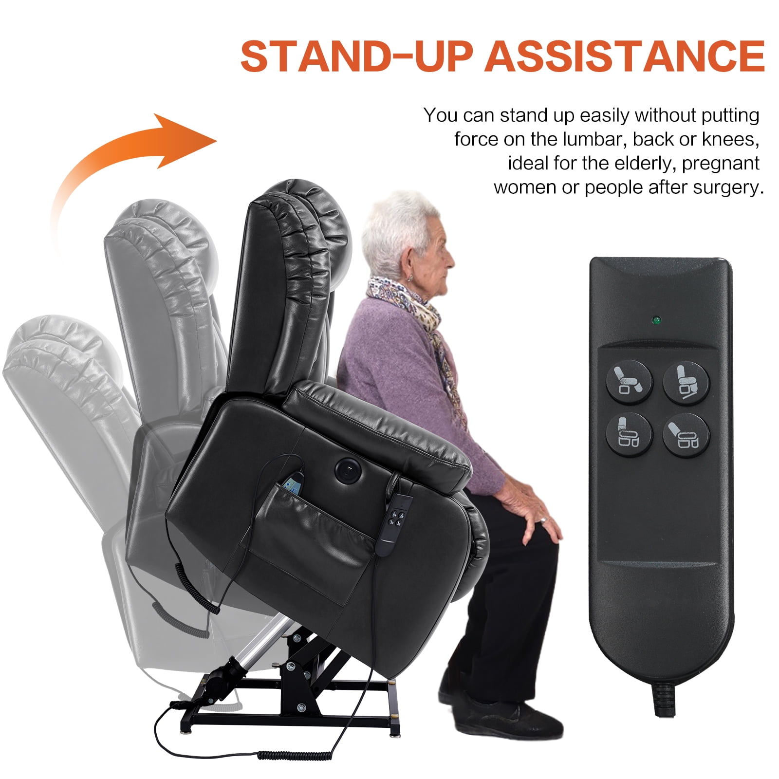 TEKAMON Infinite Position Lift Recliner Chair for Elderly with Heat and Massage Lay Flat Sleeping Leather Dual Motor Power Lift Chair for Living Room (Black)