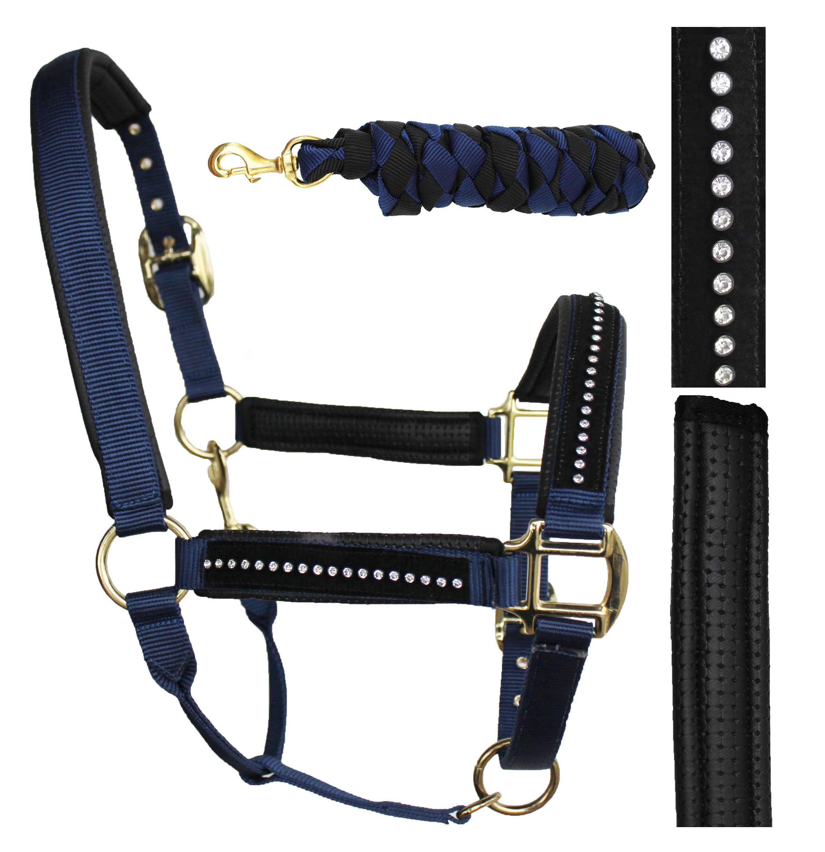 Nylon Horse Halter Neoprene Padded Lead Rope Brass Hardware Rhinestones