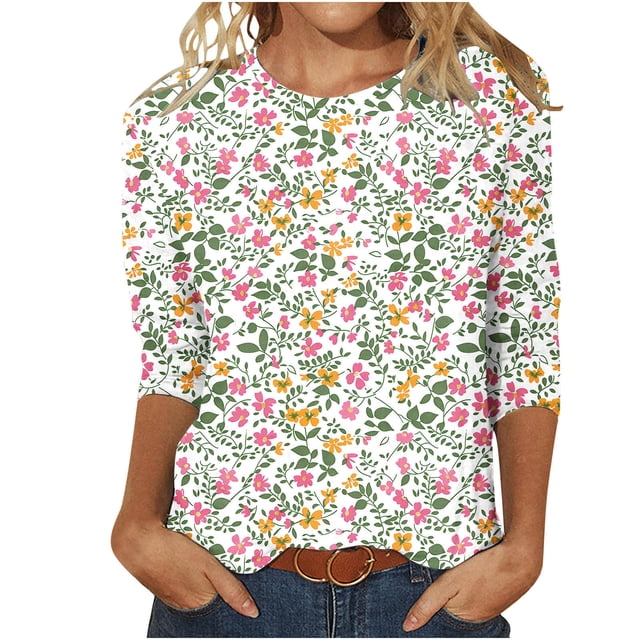 Wanfds Multicolor Fashion Tops For Women Round Neck Three-Quarter Sleeve Top M