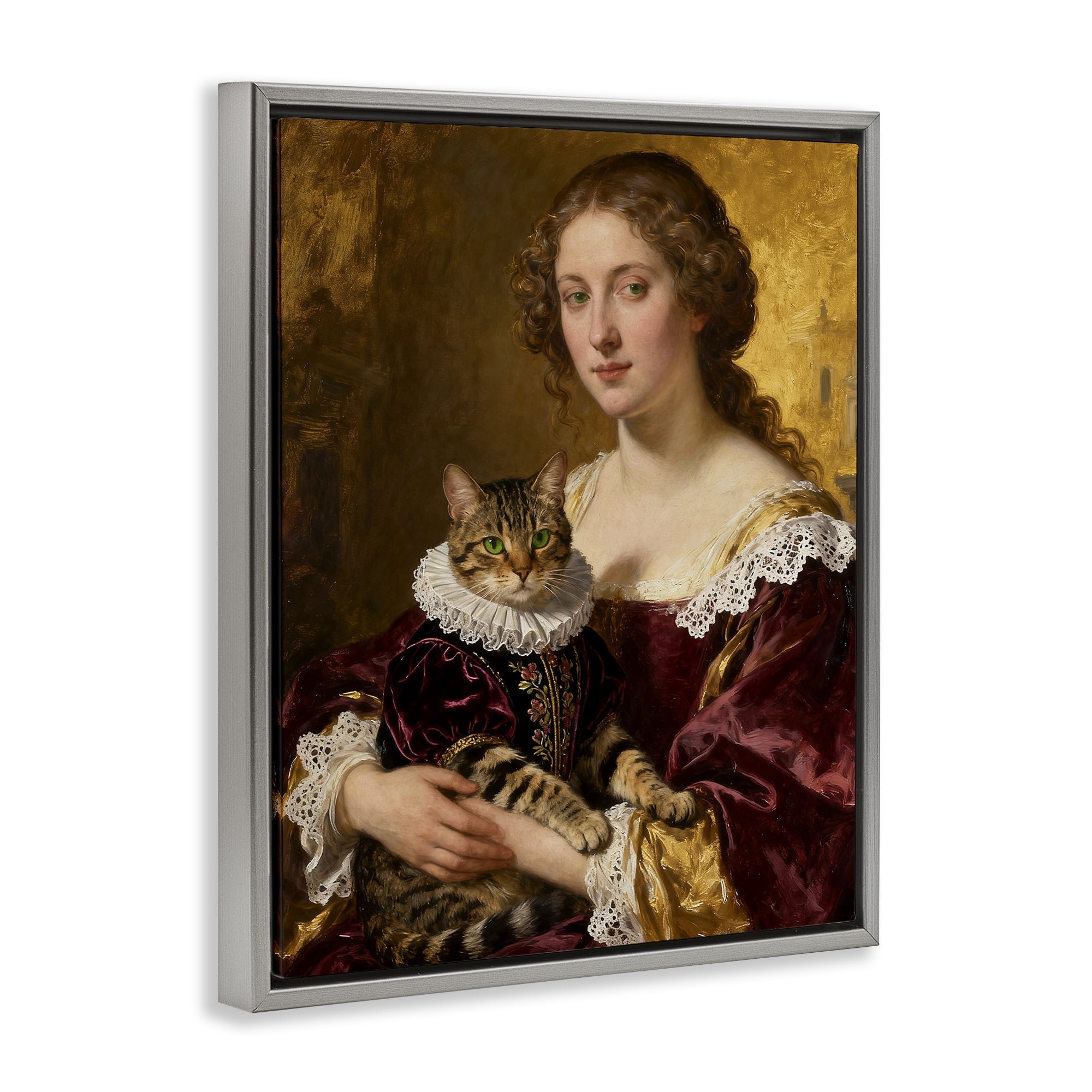 Stupell Industries Renaissance Lady with Regal Cat Gray Framed Floater Canvas Wall Art, design by CAD Designs