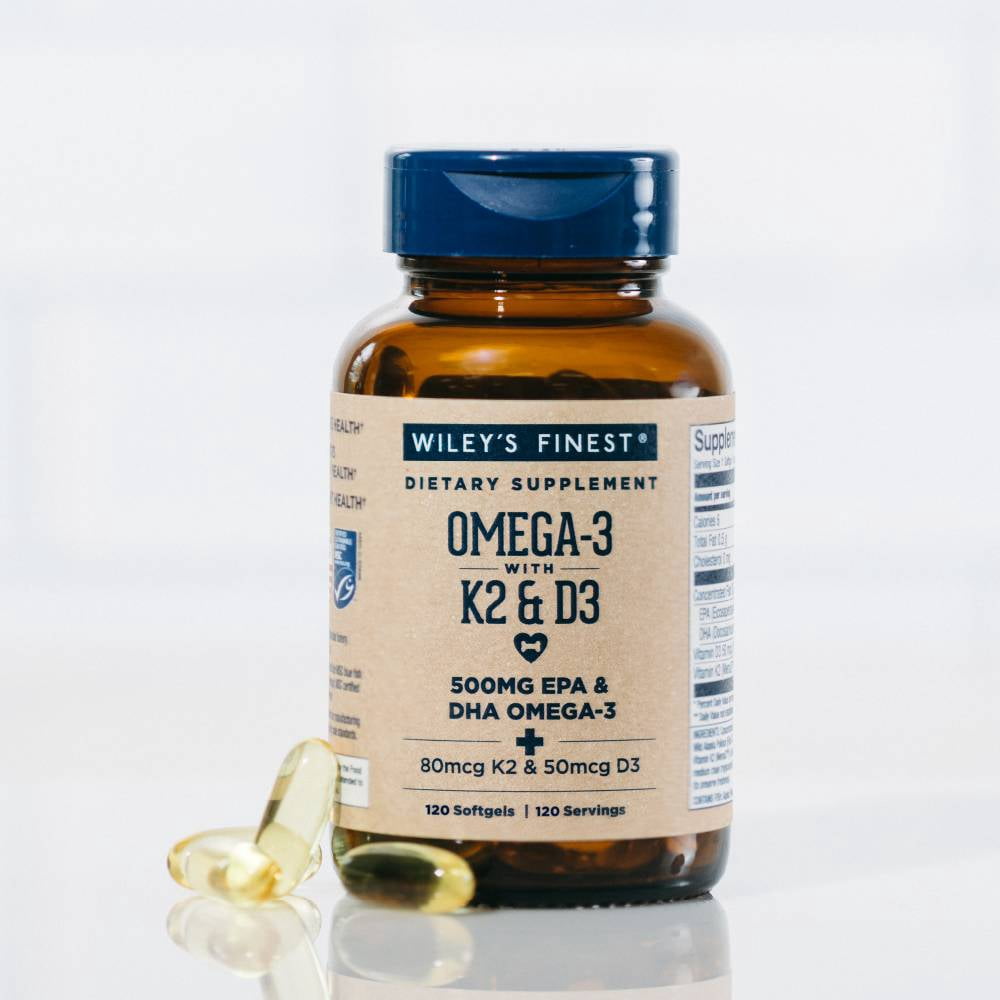 Wiley’s Finest Wild Alaskan Fish Oil Vitamin K2 & D3 Softgels - 500mg of EPA and DHA Omega-3s for Bone and Heart Health Support - 120 Softgels (120 Servings)