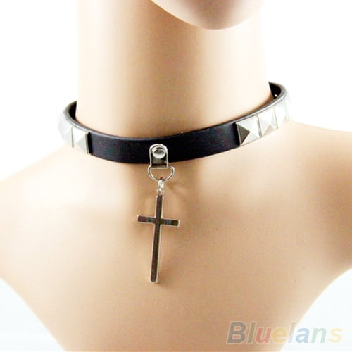 Trayknick Punk Gothic Black Faux Leather Choker Cross Spike Rivet