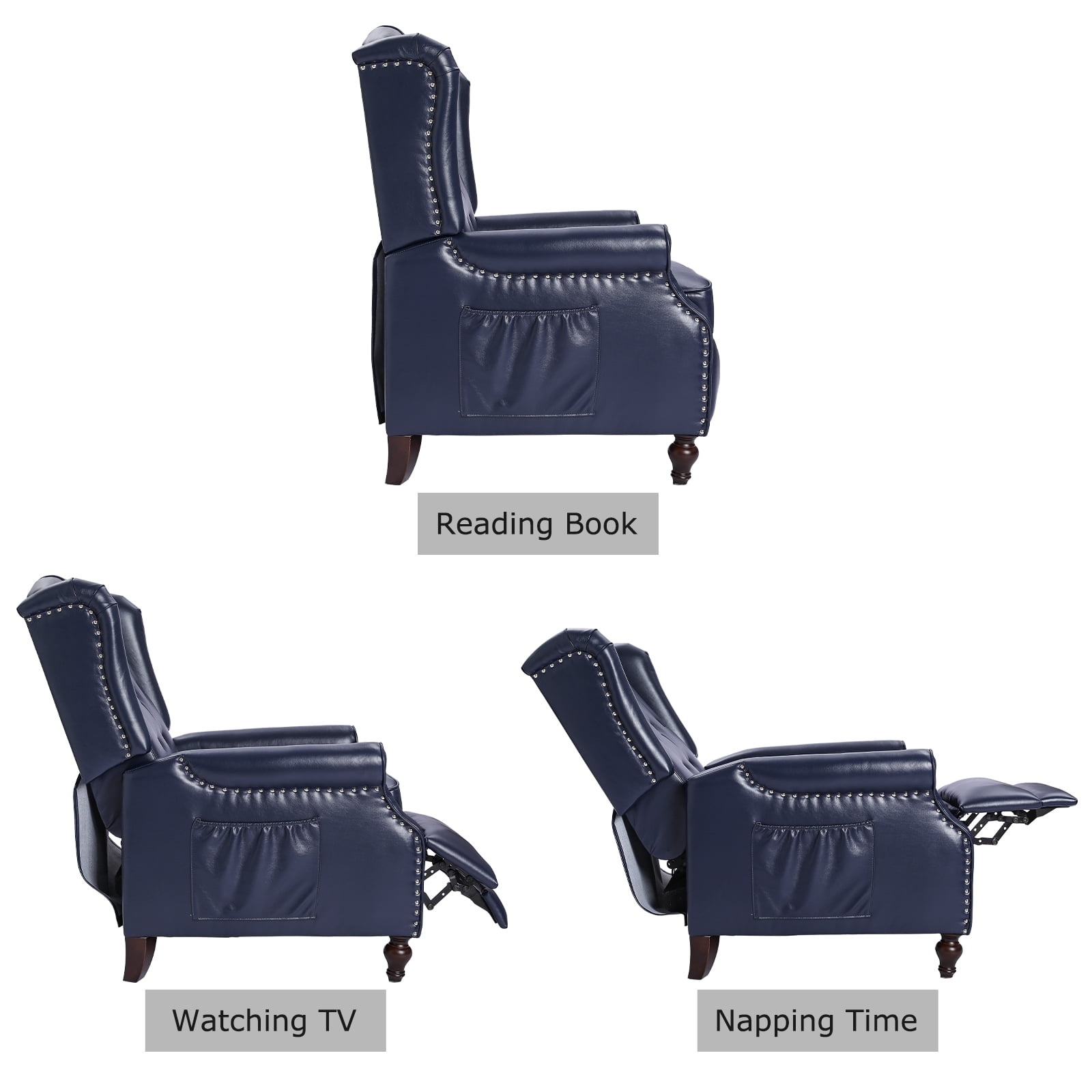 Recliner Wingback Chair - PU Leather Arm Heat Push Back Massage Remote Control Heat Backrest Blue Purple
