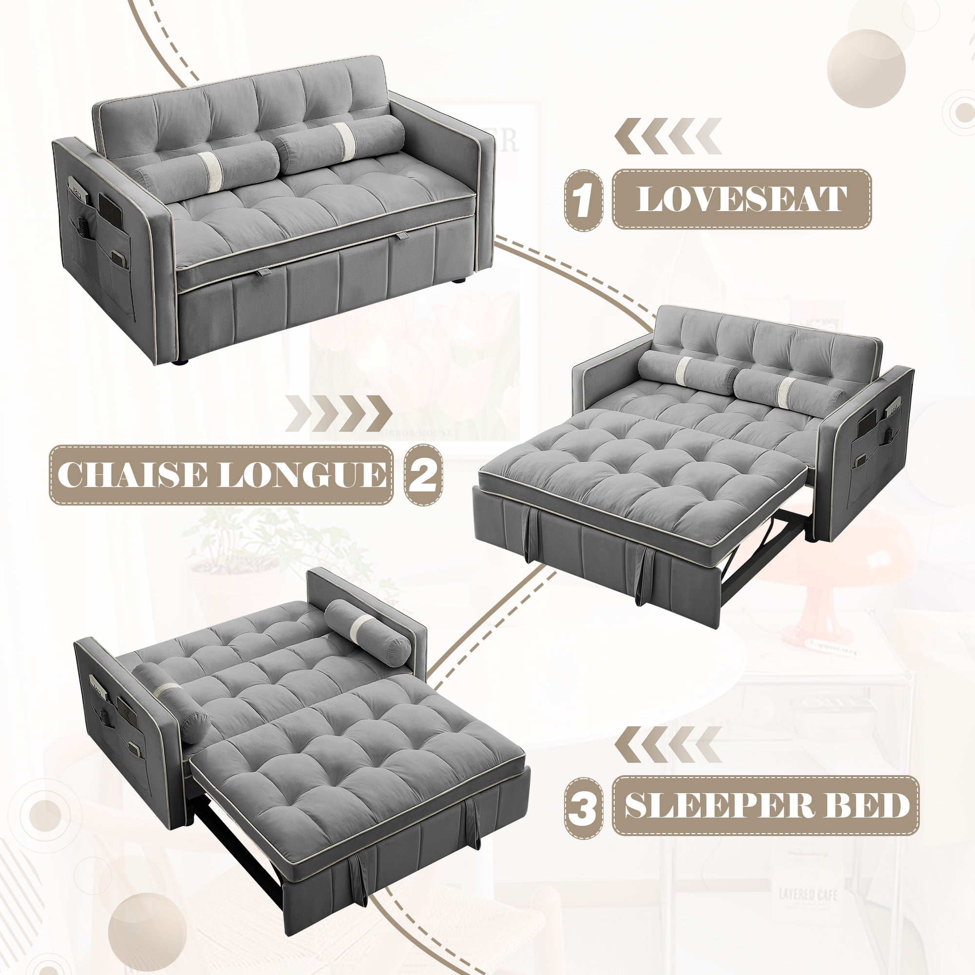 Muumblus 55" Pull Out Sofa Bed - Tufted Velvet Convertible Loveseat Sleeper Sofa Couch for Living Room, Gray