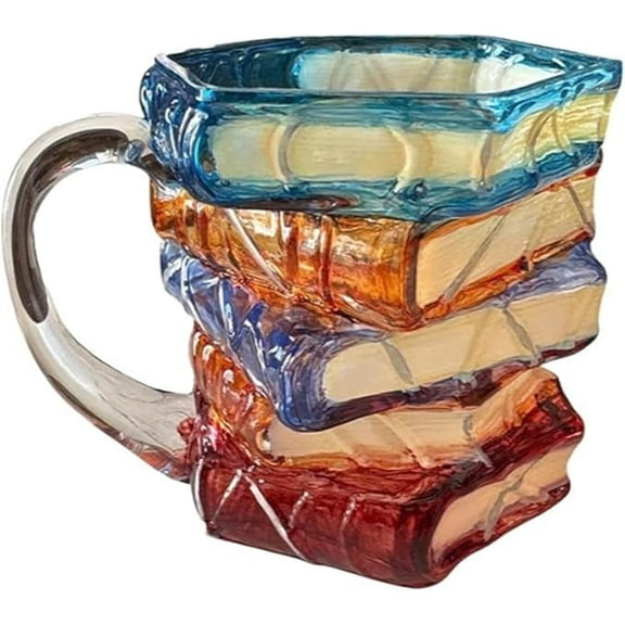 Januofit 3D Painted Book Stack Glass Coffee Mug, 12.99oz Colorful Heat-Resistant Cup, Unique Gifts for Books Lovers, Women Readers, Writers, Librarians, Book Club and Bookworm Fans