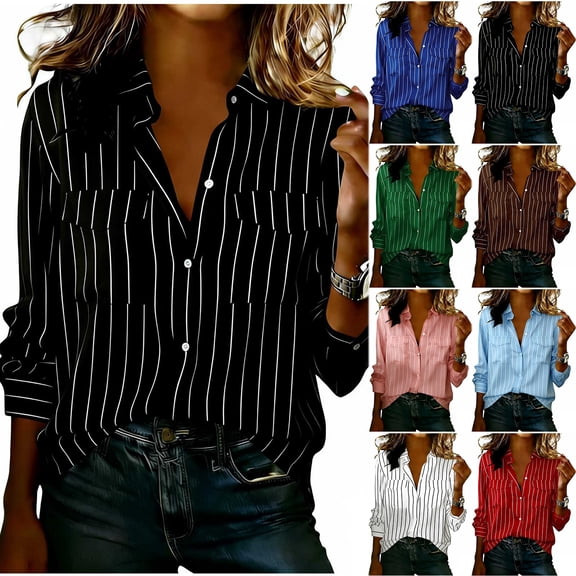 Otntypg Womens Casual Button Down Shirts Striped Print Summer Long Sleeve Soft Wrinkle-Free Shirts Loose Fit Breathable Casual Work Dress Shirts Tops with Pockets Blue M