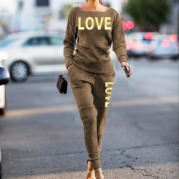 Itsame Tops and Pants Activewear Set Womens Sweatsuits 2pcs Sets Long Sleeved Printed Women Athletic Outfit Sets Brown Size M