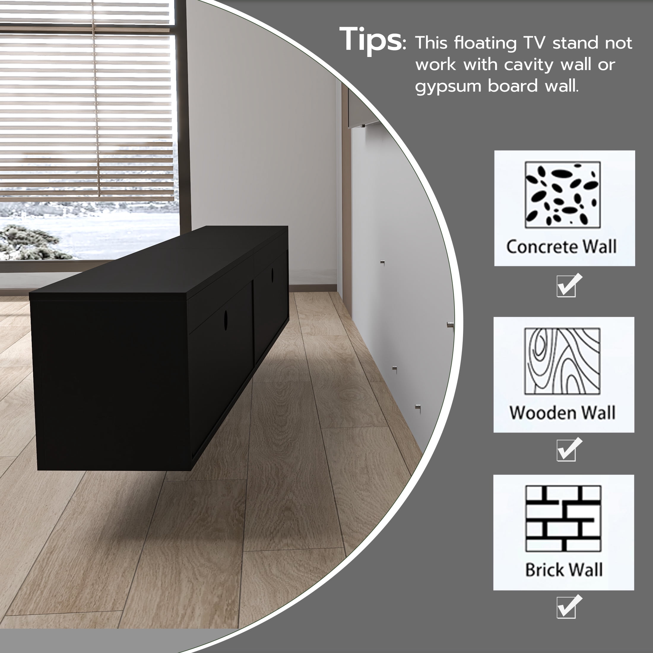 SIKHST LED Floating TV Stand Wall Mounted for 85 inch TV, Media Entertainment Center Console Table with Storage Cabinet for Living Room,Black