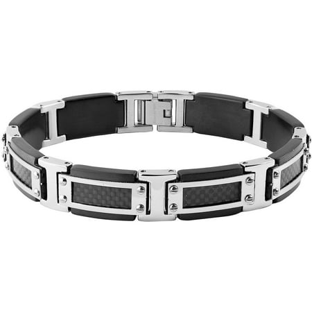 Crucible Black-Plated Stainless Steel Silver-Tone Framed Screw Accents Carbon Fiber Inlay Link Bracelet