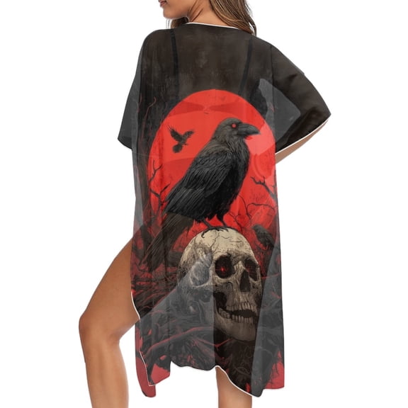 SCRAWLGOD Raven Skull Moon Print Kimono Swimsuit Coverup Flowy Open Front Beach Cover Up Soft Breathable Bathing Suit Cover Up for Women