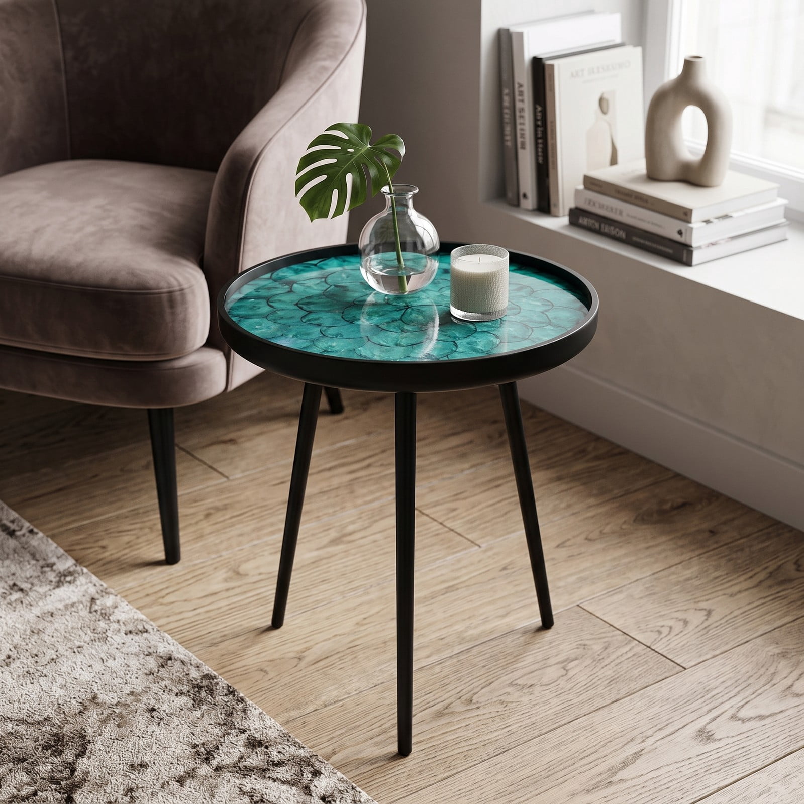 Furnibear 20 Inch Mid-Century Modern End Table, Handmade Sea Shell Side Table with Waterproof Epoxy Resin Tray Top and Solid Mahogany Legs for Living Room, Green