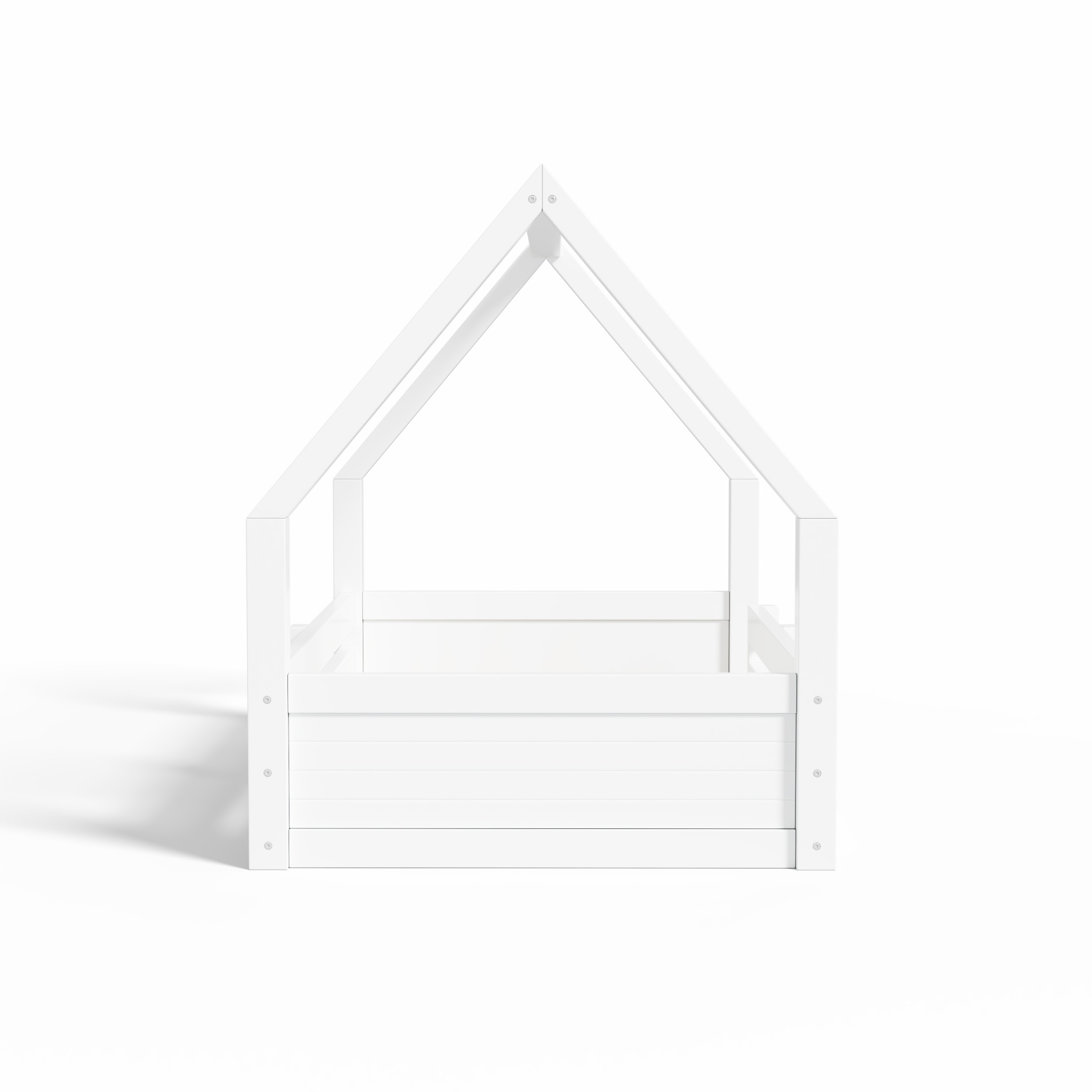 Noble House Salma Twin Size House Floor Wooden Bed with Roof Frame & Grooved Panels, Safety Guardrails, White