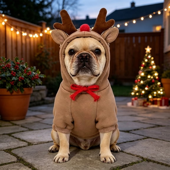 Christmas Reindeer Themed Pet Hoodie, 100% Cotton Warm Winter Outfit, Cute Antler Red Nose Festival Costume, Easy Wear Clothes For Small Medium Dogs Cats Teddy French Bulldog