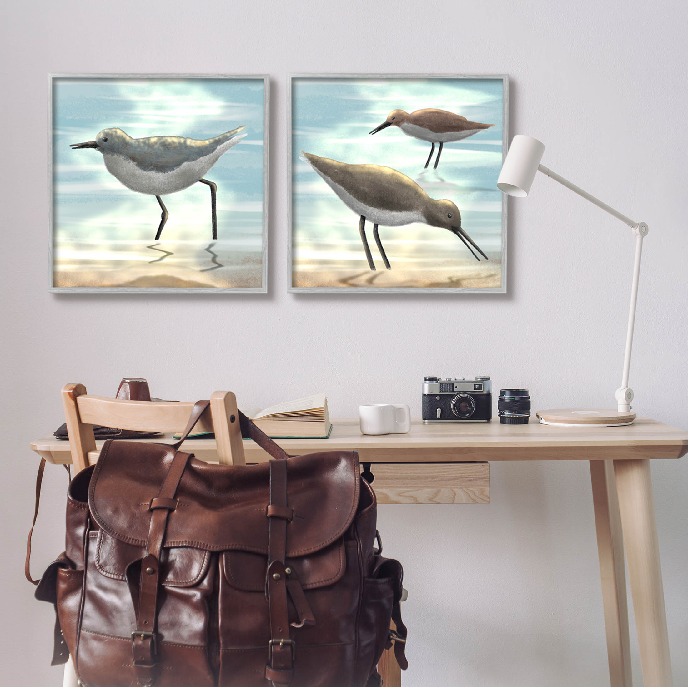 Stupell Industries Dawning Friends Sandpiper Coast Graphic Art Gray Framed Art Print Wall Art, Set of 2, Design by Marcus Prime