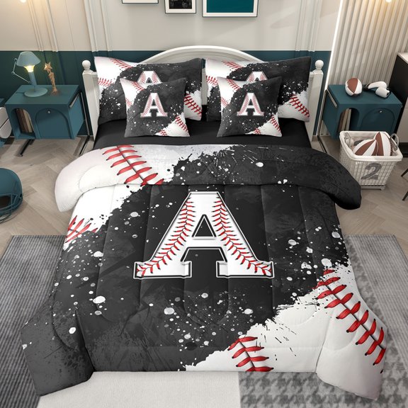 jejeloiu Letter A Monogrammed 7-Piece Twin Bedding Sets,Baseball Sport Game Bedding Comforter Set,Black Splashing Ink Sheet Sets For Girls,Microfiber Room Decorative Reversible