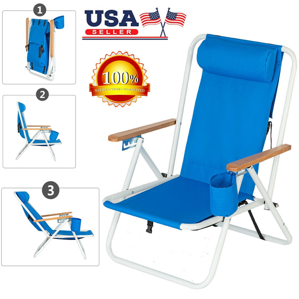 Portable High Strength Foldable Beach Chair with Adjustable Headrest Blue 