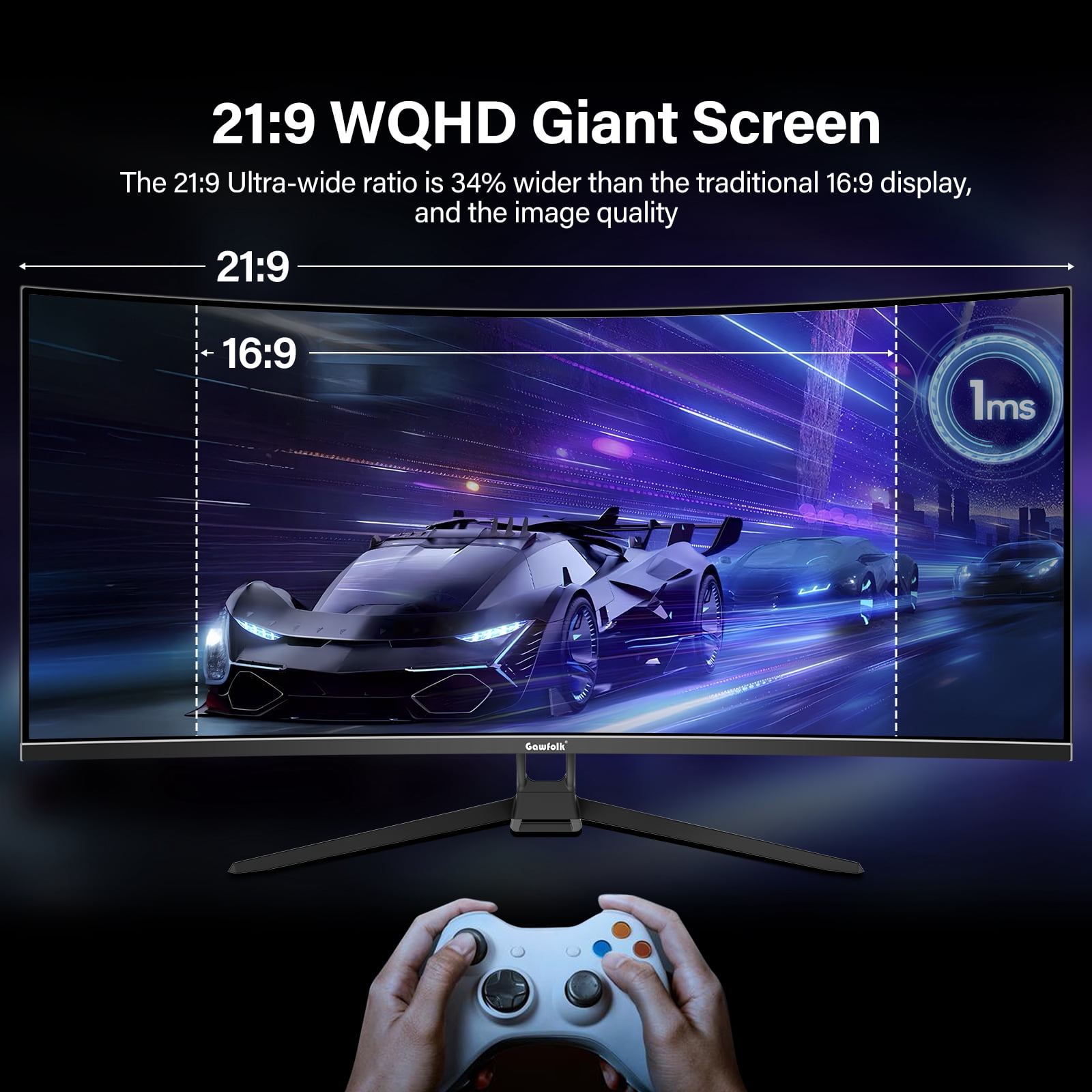 Gawfolk 34-Inch Curved Ultrawide Gaming Monitor 165Hz 1500R WQHD 3440x1440 FreeSync Adjustable Stand