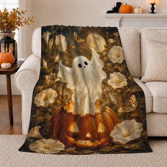 Whimsical Ghost Jack-O'-Lantern Halloween Scene Cream Flowers Magical, Festive Halloween Scene, Warm Flannel Blanket for Living Room and Family Room, Art Lovers Halloween Gift, Festive Home Decor