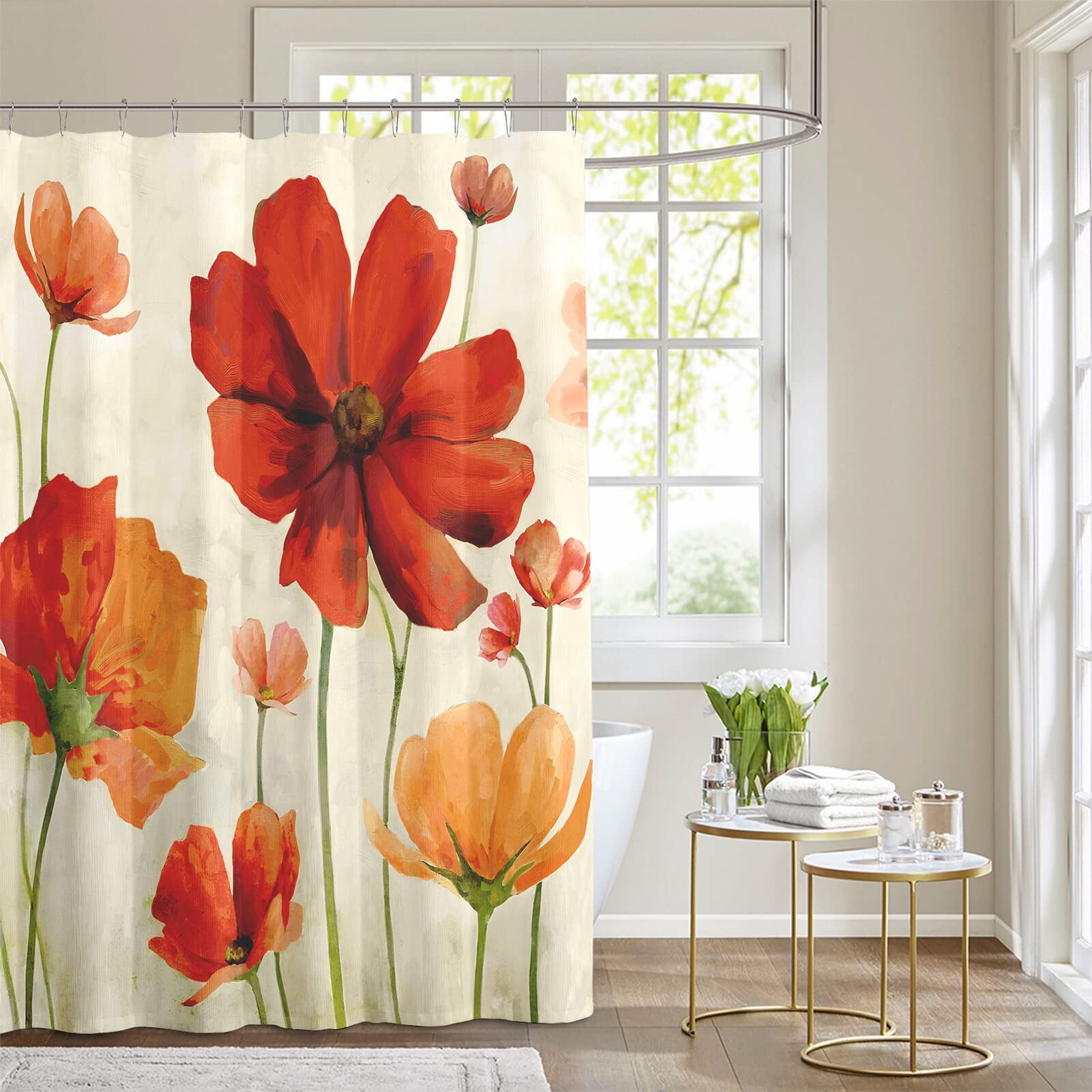 Spring Pink Cherry Blossoms Burgundy Flower Fabric Shower Curtain