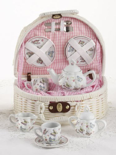 Childrens Tea Set with Basket Pink Butterfly 