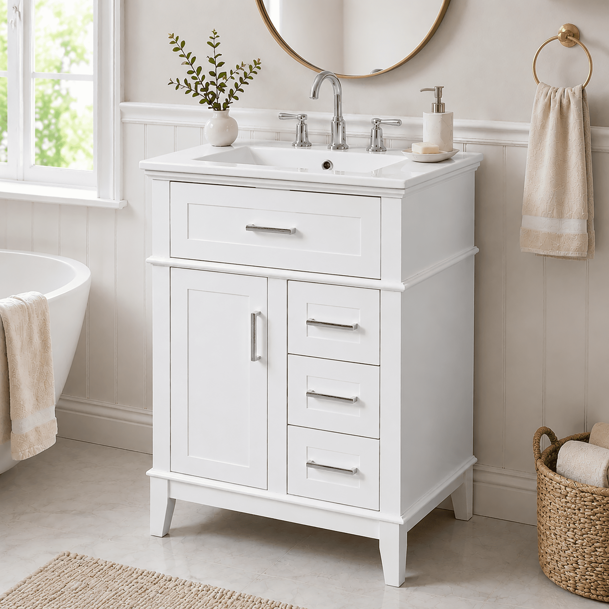 GARITIN 24 Inch Bathroom Vanity with Ceramic Sink, Solid Wood Frame & MDF Cabinet, 1 Door, Flip Drawer & 3 Drawers, Soft Close Hinges, Adjustable Shelf, White