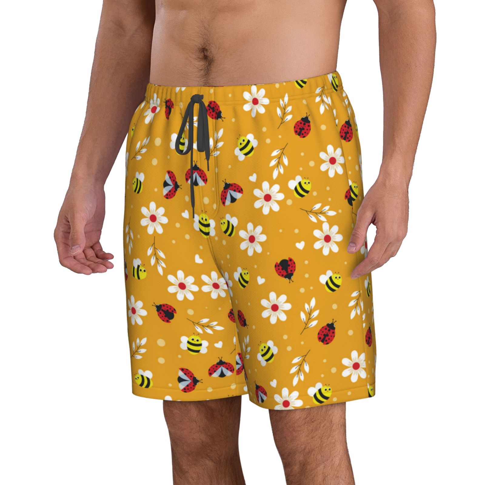 Susaid Bees And Ladybug Print Men's Swim Trunks Hawaiian Bathing Mesh 