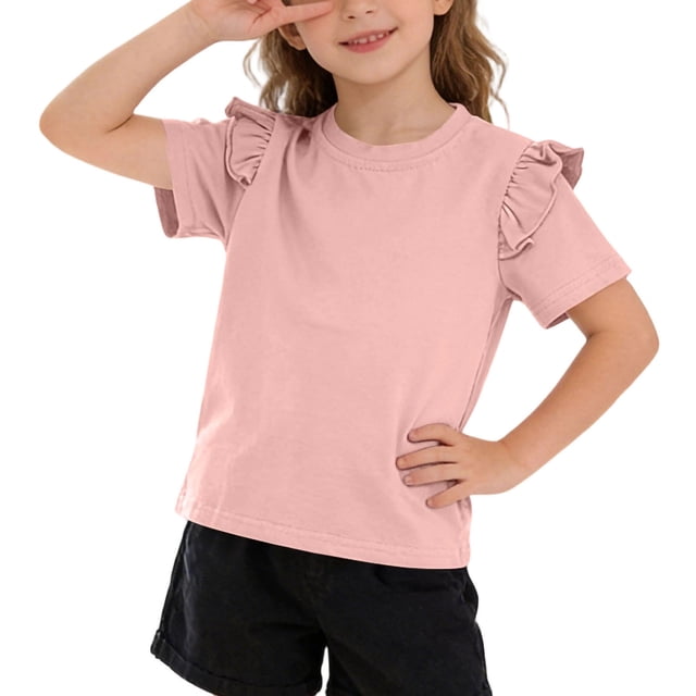 Zpanxa T-Shirts pour Filles Couleur Unie Bordure Festonnée Manches Courtes Col Rond Coton Haut Décontracté 5 Ans