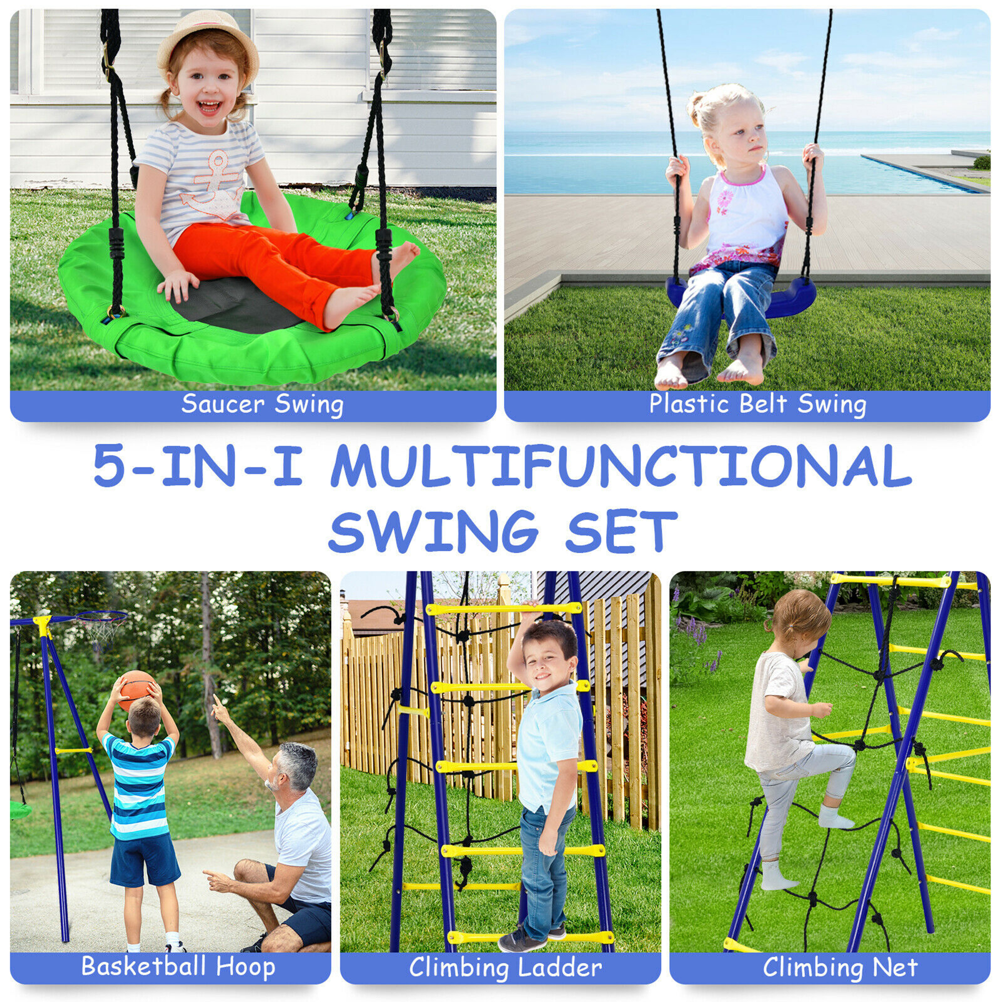 Gymax 5-In-1 Kids Swing Set for Outdoor W/ Heavy Duty Frame Basketball Hoop & Climbing Ladder - image 5 of 10