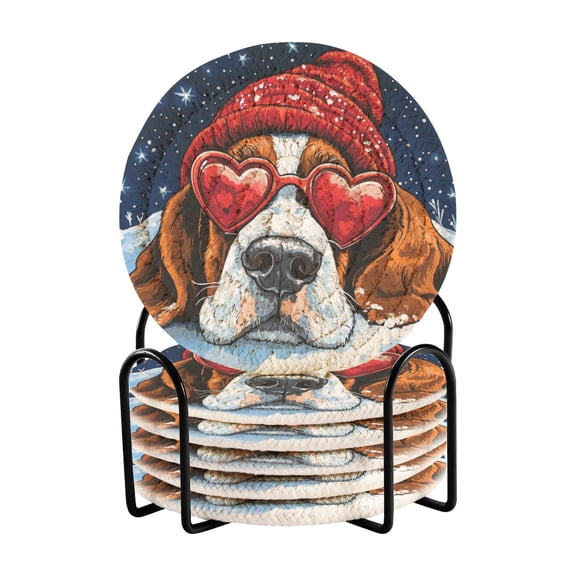 WOBOGO Snow Basset Hound Coil Coasters Set of 6 Minimalist Cotton Woven 3.94 inch Non-Slip Insulated and Absorbent Home Accessories.