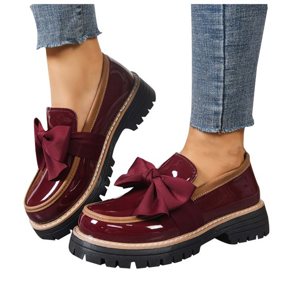 Gealkoca Women's Bowknot Thick Sole Loafers Work Office Business Casual Patent Leather Dress Shoes Chunky Heel Comfortable Slip On Shoes