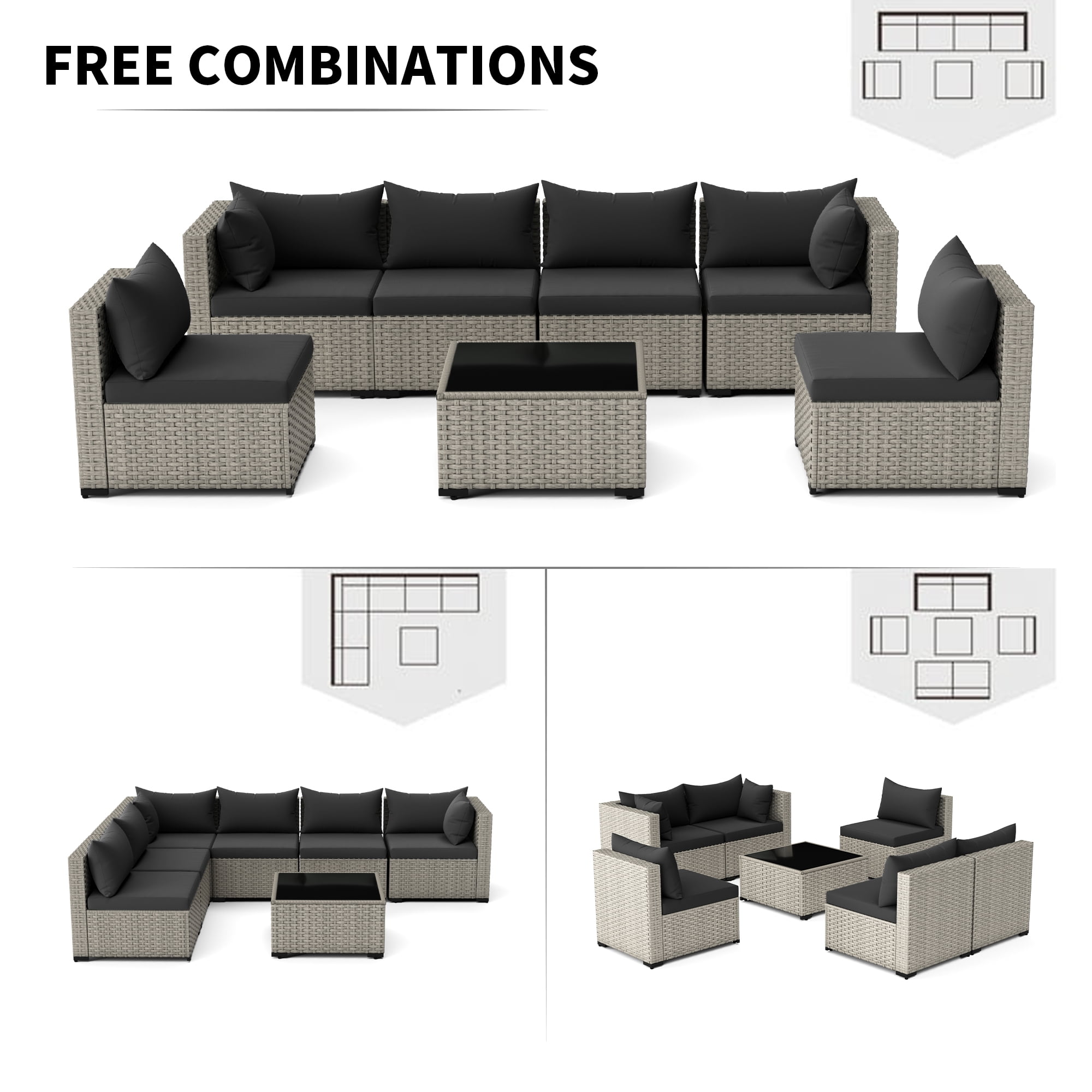 MRUAKA 7 Pieces Patio Conversation Set, Outdoor Sectional PE Rattan Wicker Furniture Seat,BLACK