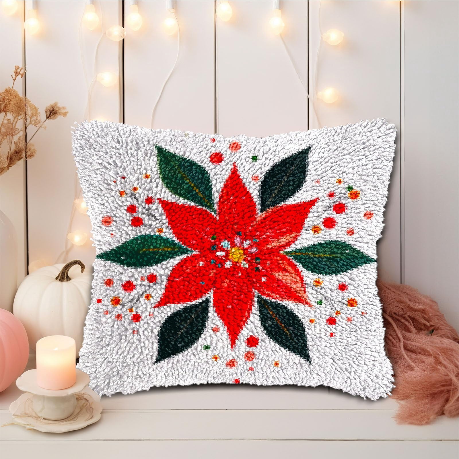 DIY Latch Hook Pillow Kits Merry Christmas Red Poppy Flower Printed Pillowcase Crochet Yarns Hooking Handmade Pillow Cover Cushion for Home Sofa Decoration 17x17inch-1