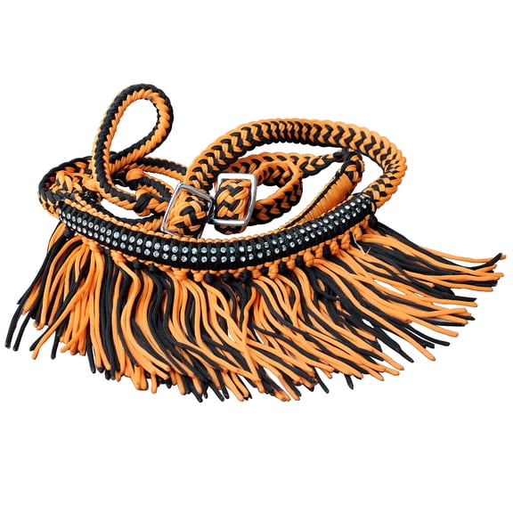 HILASON Braided Barrel Horse Racing Reins 1” x 8ft Crystal Center Band Fringes