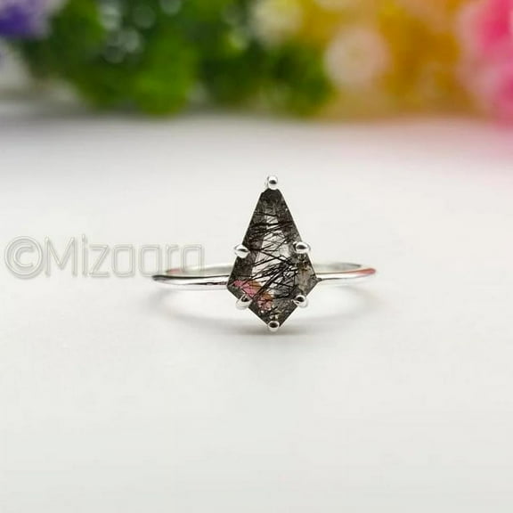 Mizaara,925 Sterling Silver 6 Prong Kite Shape Black Rutile Quartz Ring, Kite Cut Engagement Ring, Stacking Ring, Women's Ring, Statement Ring, Stacking Ring, Handmade Black Rutile Women Ring