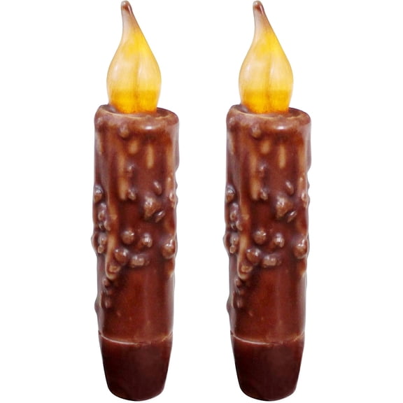 CVHOMEDECO. Real Wax Hand Dipped Battery Operated LED Timer Taper Candles Country Primitive Flameless Lights Décor, 4-3/4 Inch, Coffee, 2 PCS in a Package