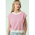 thumbnail image 2 of Women's Sachet Pink Striped Crew Neck Cap Sleeve T-Shirt - Casual Summer Style - [ZhiHiMeRi] | (US 12-14)L, 2 of 12