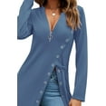 thumbnail image 6 of Women's Sexy Zip Up V Neck Long Sleeve Side Split Asymmetrical Hem Longline Tunic Blouse Top, 6 of 15