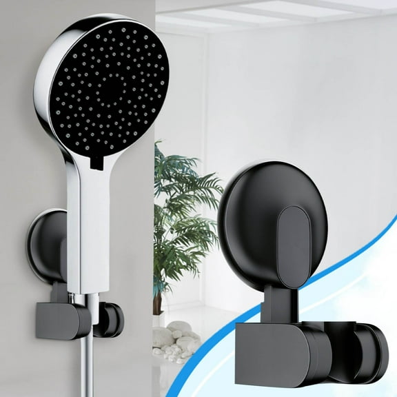 No Punch Shower Bracket, Wall Mounted Shower Head Holder with 360 Rotation, Matte Black Heavy Duty No Drill Mount for Standard Showerheads, Easy Tool-Free Installation for Renters & FAJHHA