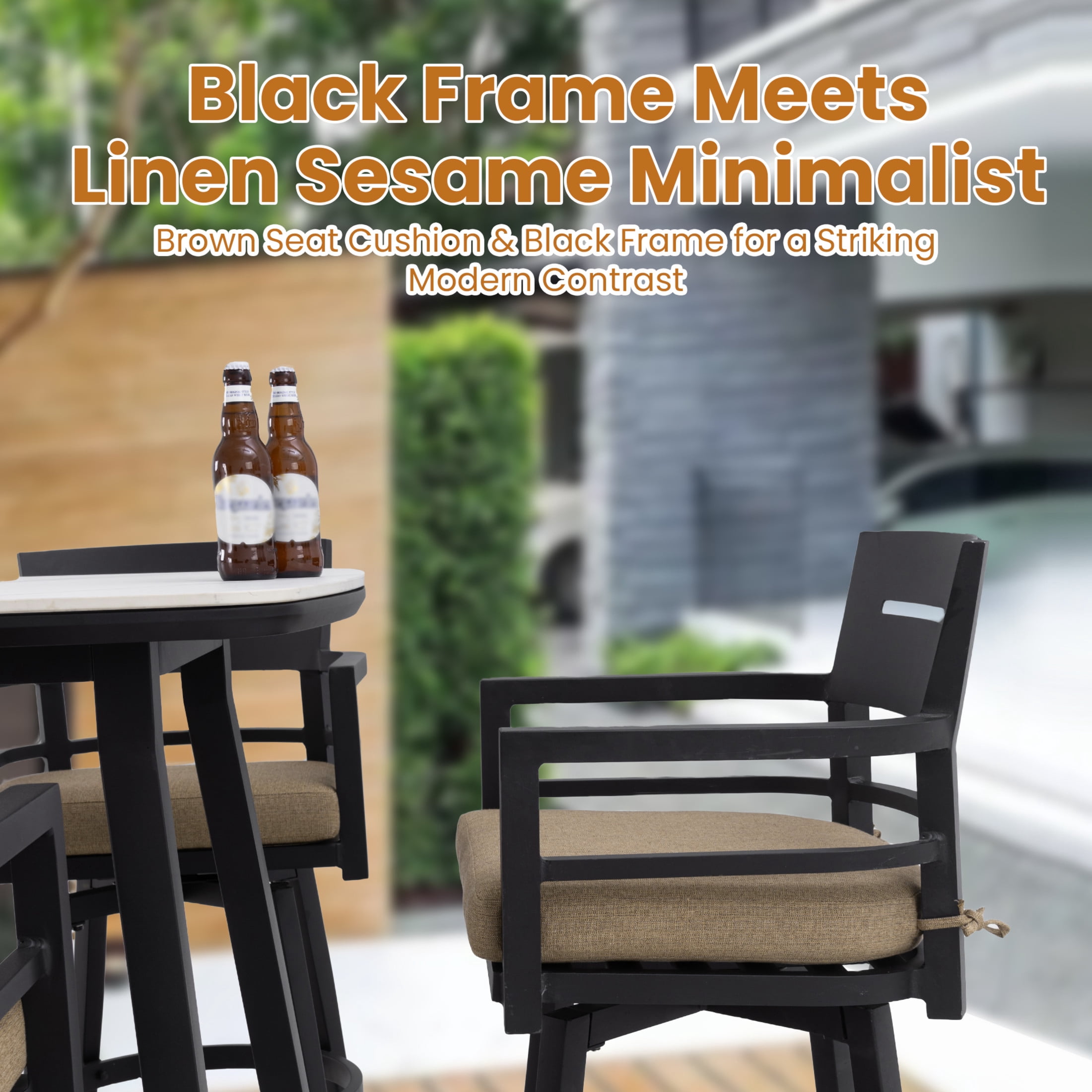 Noble House Aluminum 360° Swivel Bar Chairs, Ergonomic Backrest, Sunbrella Linen Sesame, Ember Black, Set of 2