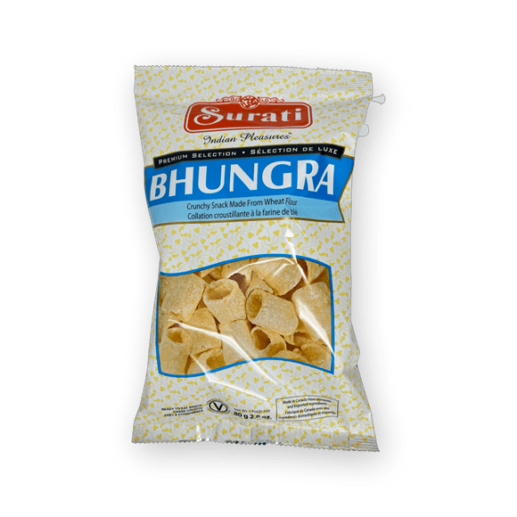 Plain Bhungra Surati 80g Surati Plain Bhungra est une collation croquante à base de farine de blé, parfaite pour grignoter à tout moment. La collation est préparée avec des ingrédients de la plus haute qualité, ce qui lui donne une saveur délicieuse et unique.